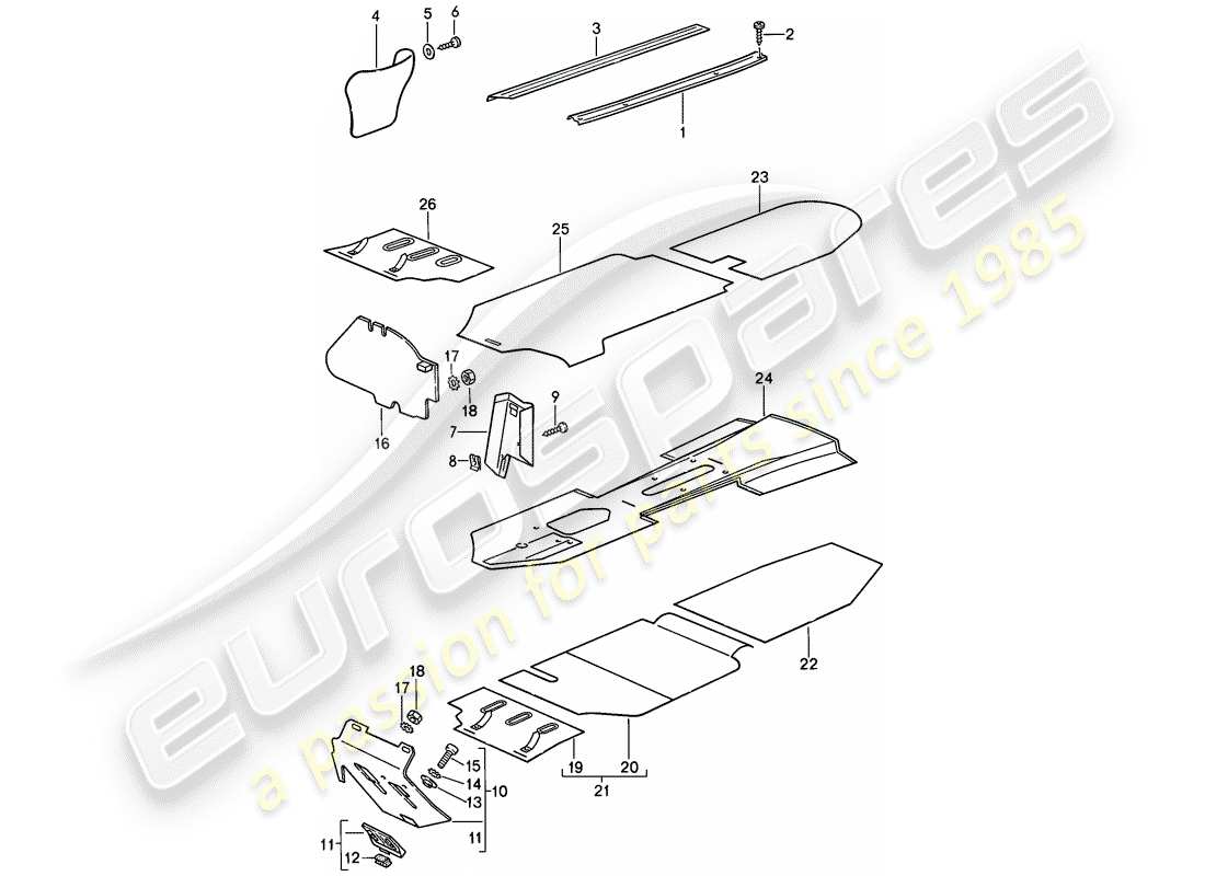 porsche 911 (1988) trims - footwell - detachable carpets part diagram