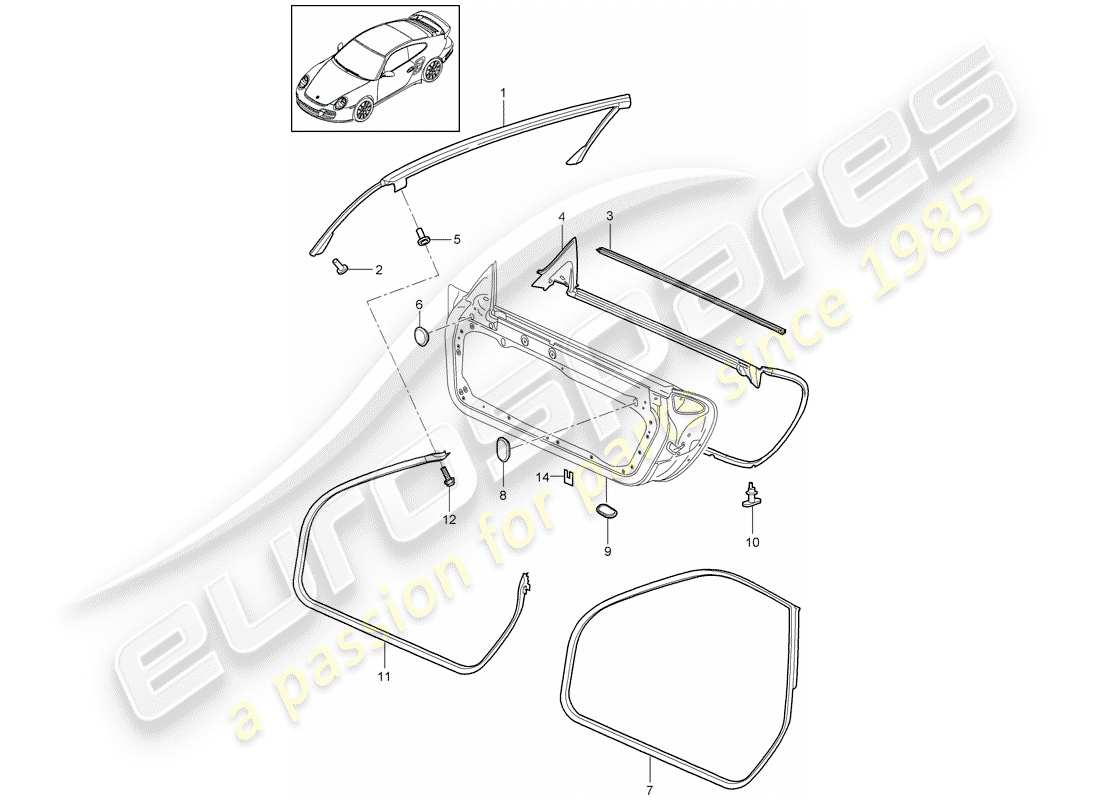 porsche 911 t/gt2rs (2011) door seal part diagram