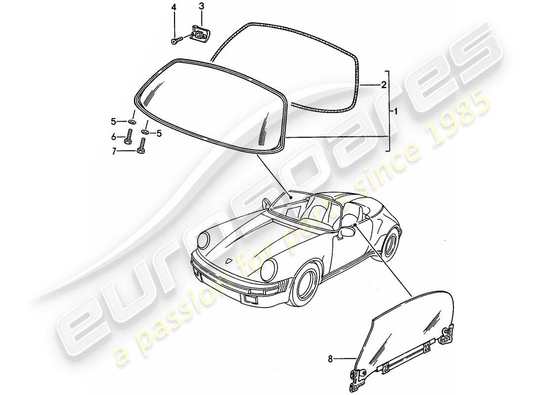 porsche 911 (1988) window glazing part diagram