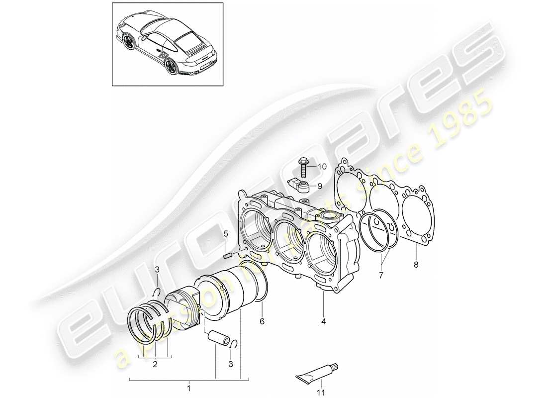 porsche 911 t/gt2rs (2013) cylinder with pistons part diagram