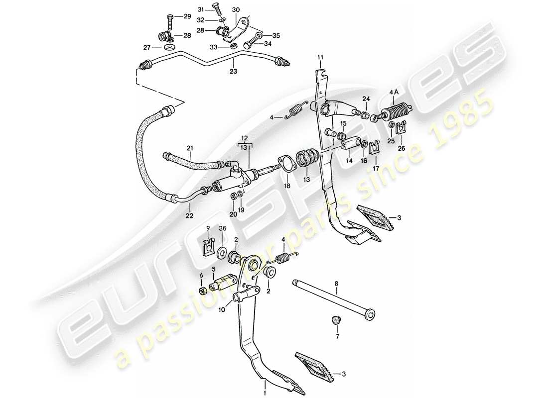 porsche 924s (1987) brake - clutch - pedals part diagram