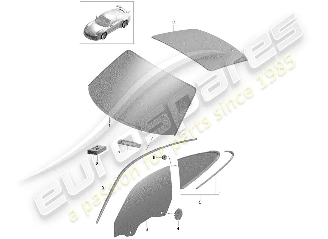 porsche 991r/gt3/rs (2017) window glasses part diagram