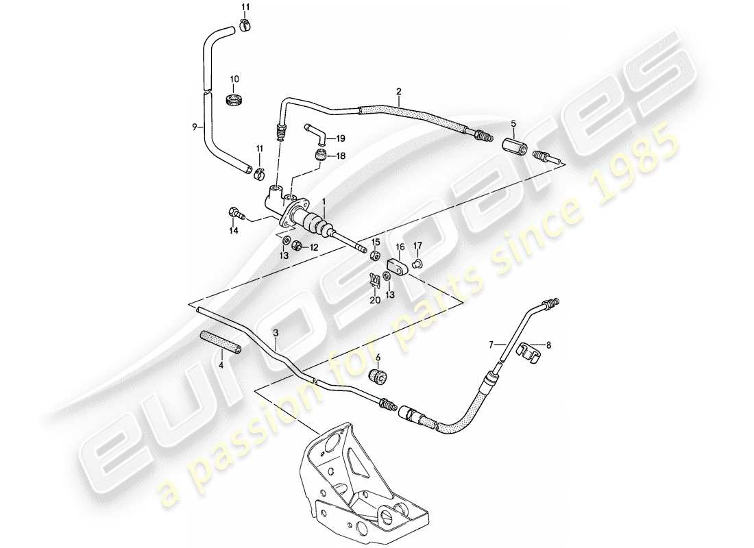 porsche 911 (1987) hydraulic clutch - operation - clutch master cylinder - hydraulic clutch pipe part diagram