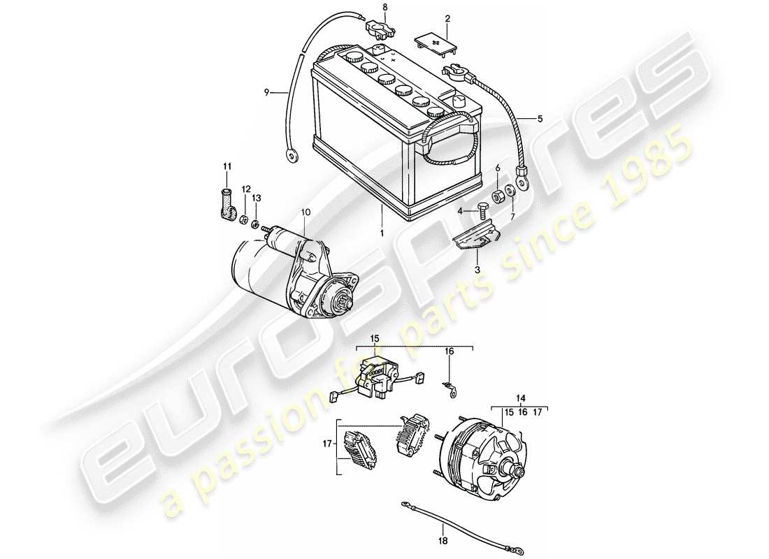 porsche 911 (1986) battery - starter - alternator part diagram