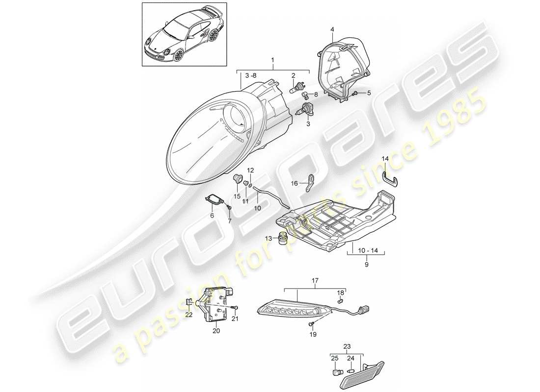 porsche 911 t/gt2rs (2013) headlamp part diagram