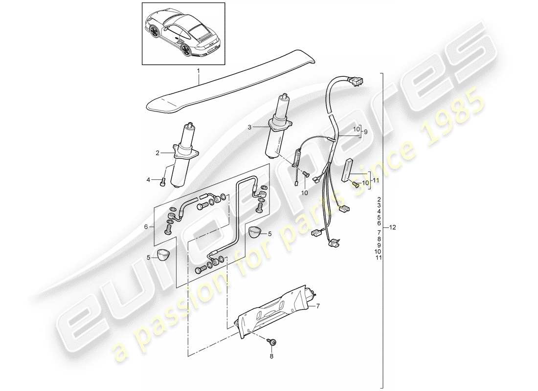 porsche 911 t/gt2rs (2011) rear spoiler part diagram