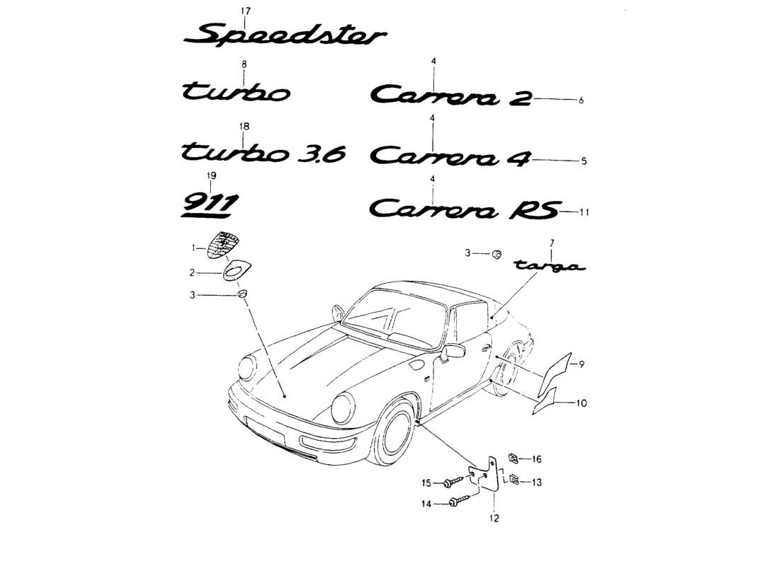 porsche 964 (1994) nameplates - stone protection foil part diagram