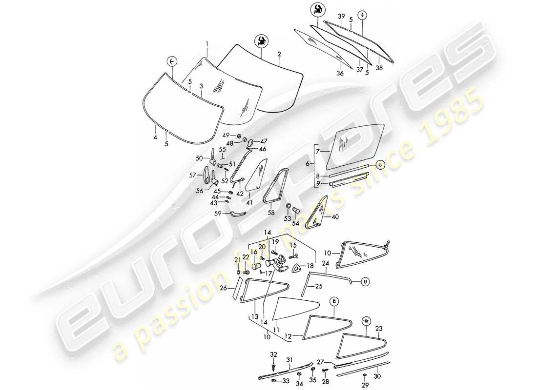 porsche 911/912 (1967) window glazing - d >> - mj 1968 part diagram