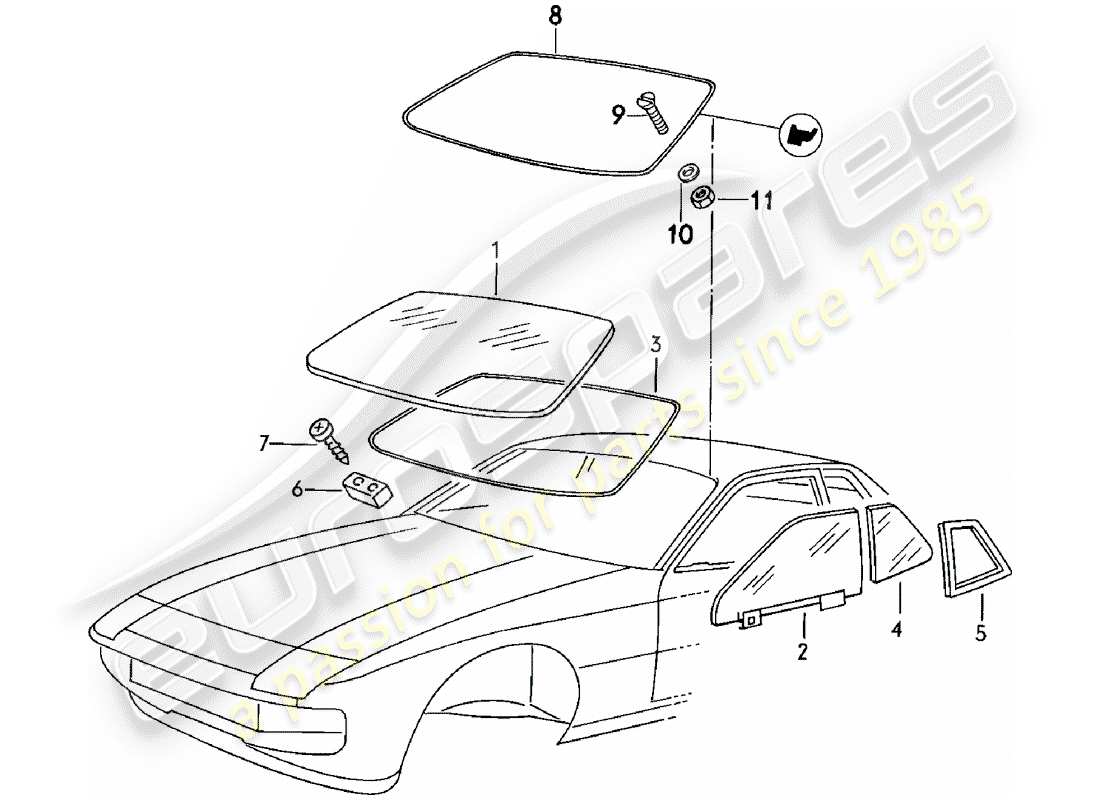 porsche 924 (1980) window glazing part diagram