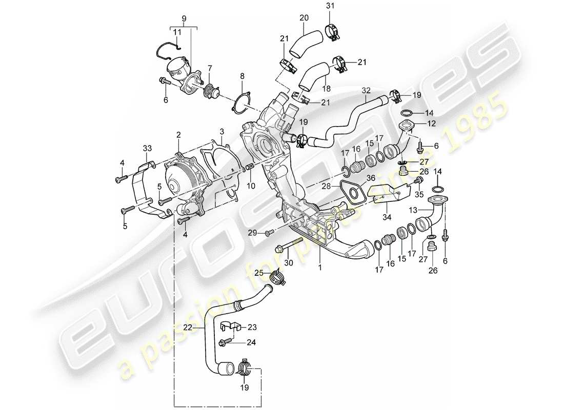 porsche 997 t/gt2 (2008) water pump part diagram