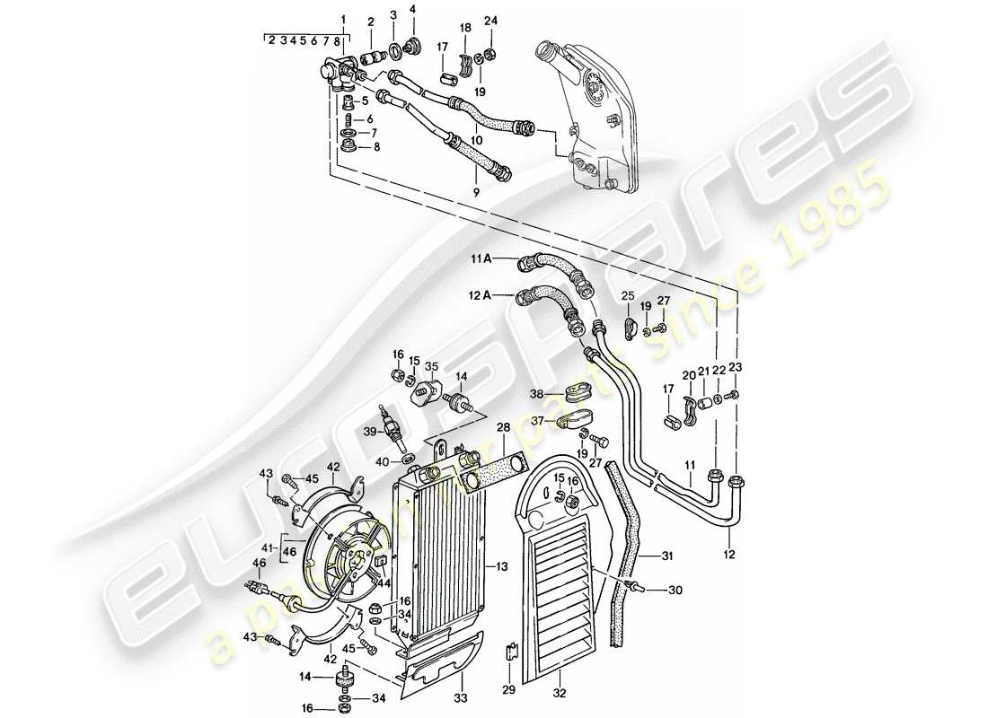 porsche 911 (1984) engine lubrication - oil cooler part diagram