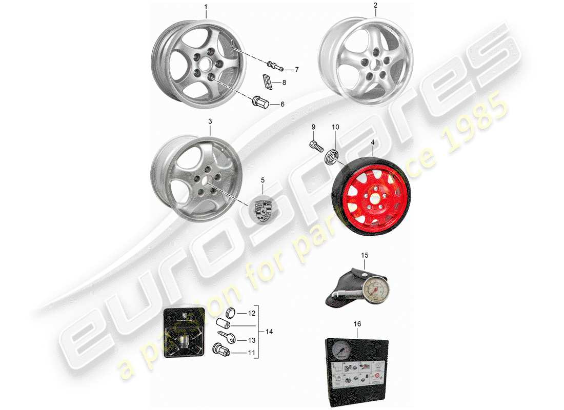 porsche 968 (1995) alloy wheel part diagram