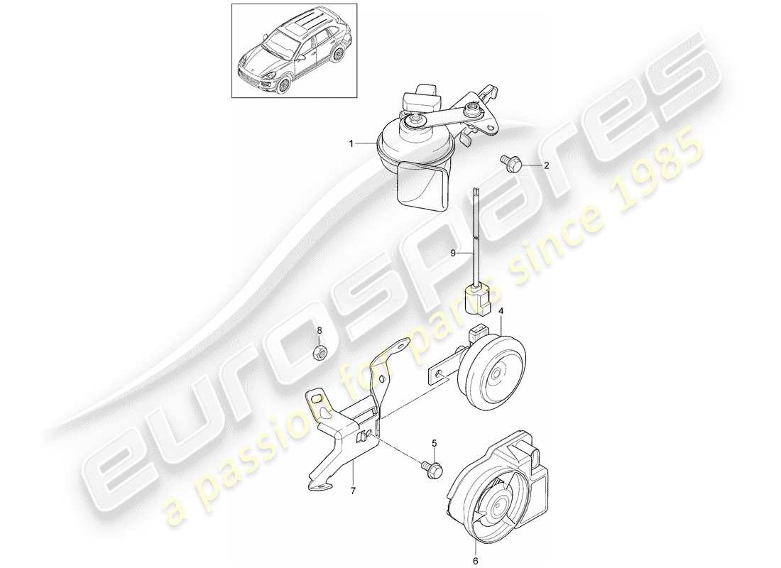 porsche cayenne e2 (2011) fanfare horn part diagram