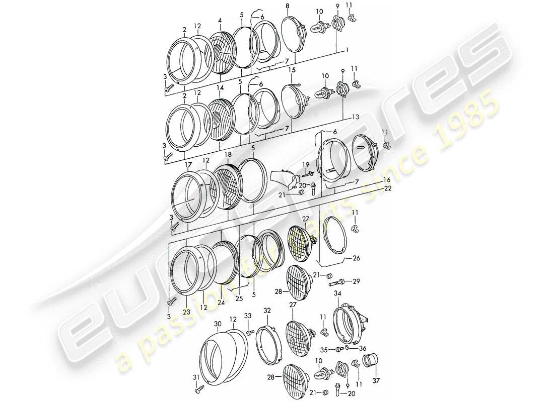 porsche 911/912 (1966) headlamp - d >> - mj 1968 part diagram