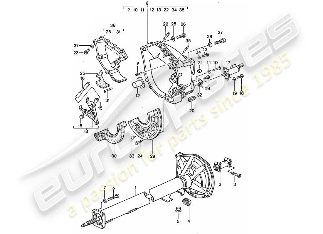 porsche 968 (1992) manual gearbox - central tube part diagram