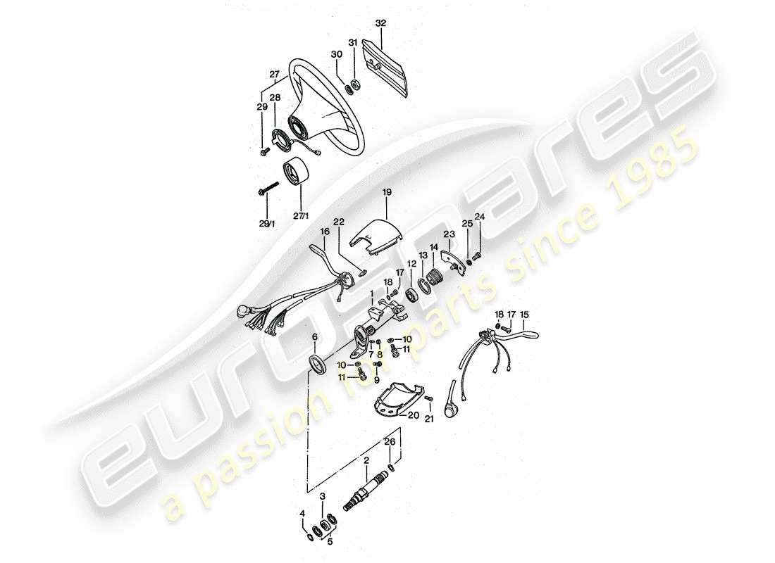 porsche 911 turbo (1977) steering wheel - steering shaft bearing - steering column switch part diagram