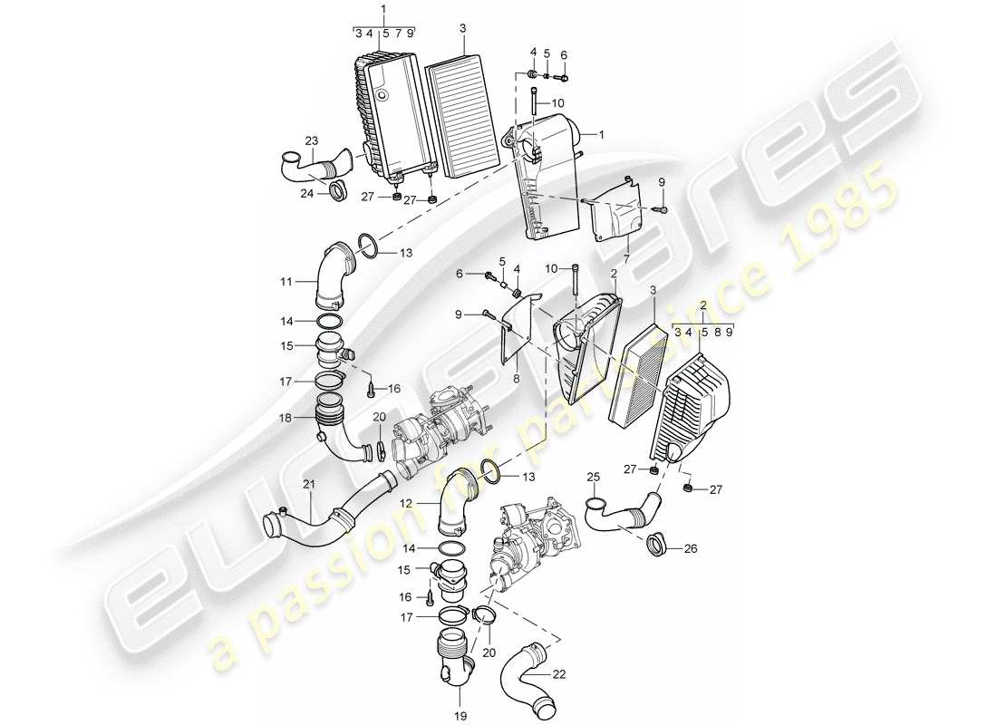 porsche cayenne (2005) air cleaner with connecting part diagram