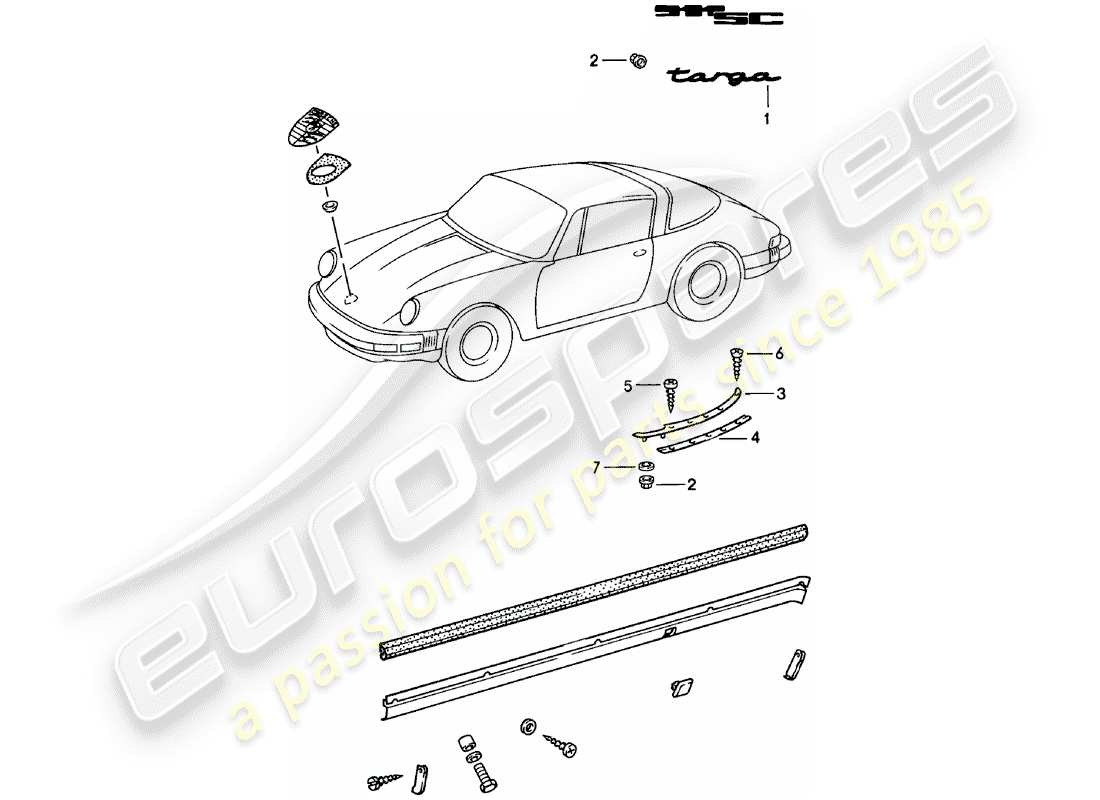 porsche 911 (1983) decorative fittings part diagram