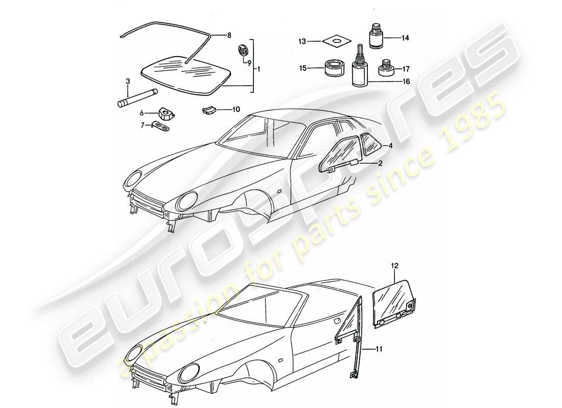 porsche 968 (1995) window glazing part diagram