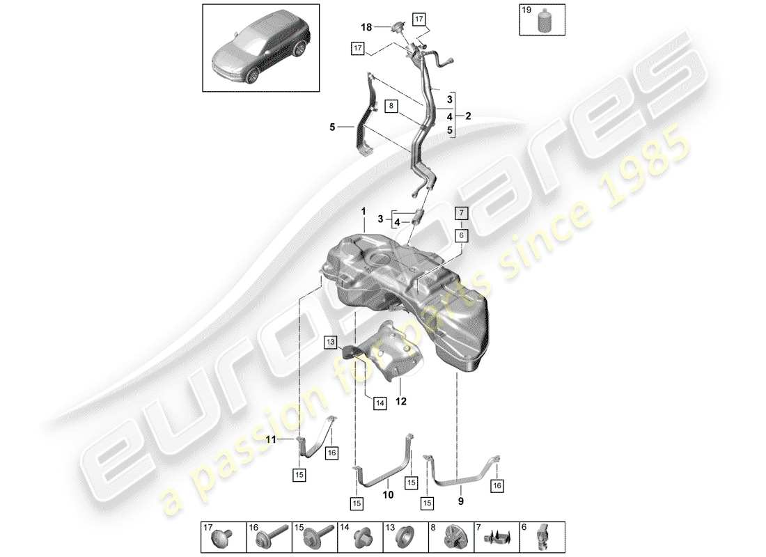 porsche cayenne e3 (2020) fuel tank with part diagram