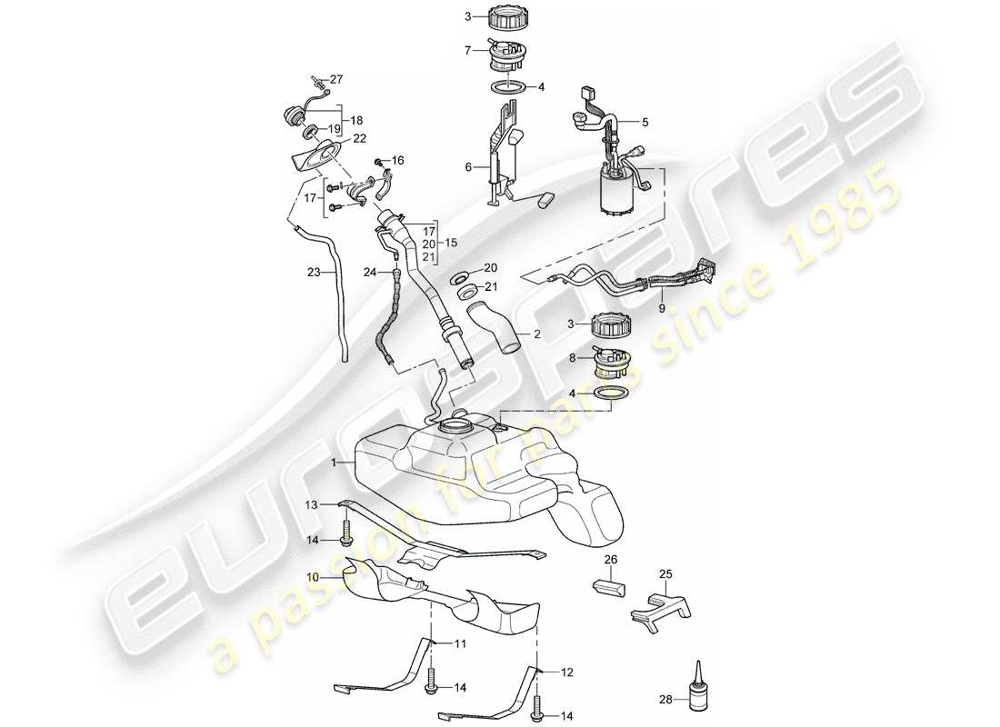 porsche 997 t/gt2 (2008) fuel tank part diagram