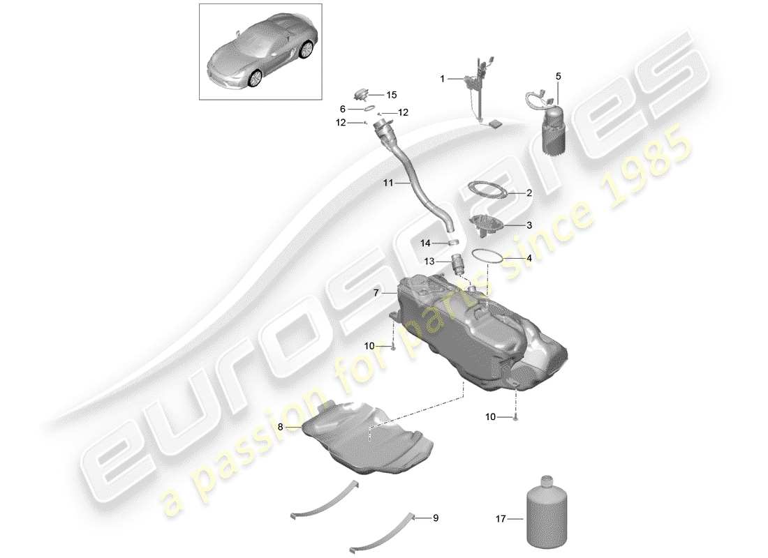 porsche boxster spyder (2016) fuel tank part diagram