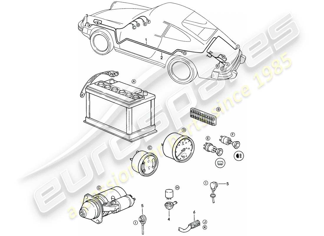 porsche 911 (1984) wiring harnesses - passenger compartment - battery starter cable - luggage compartment floor part diagram