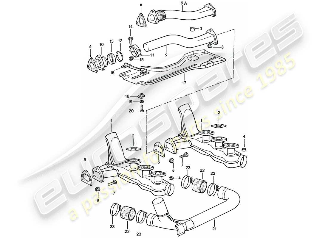 porsche 911 (1984) exhaust system - heater core part diagram