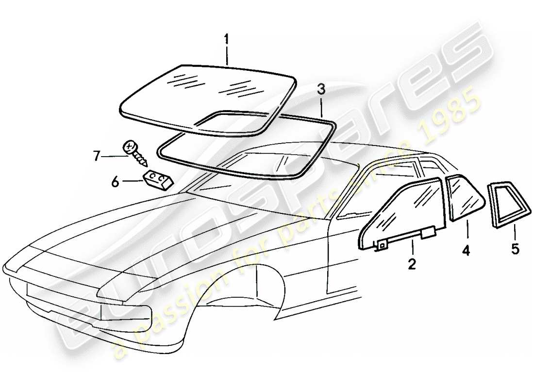 porsche 924s (1986) window glazing part diagram