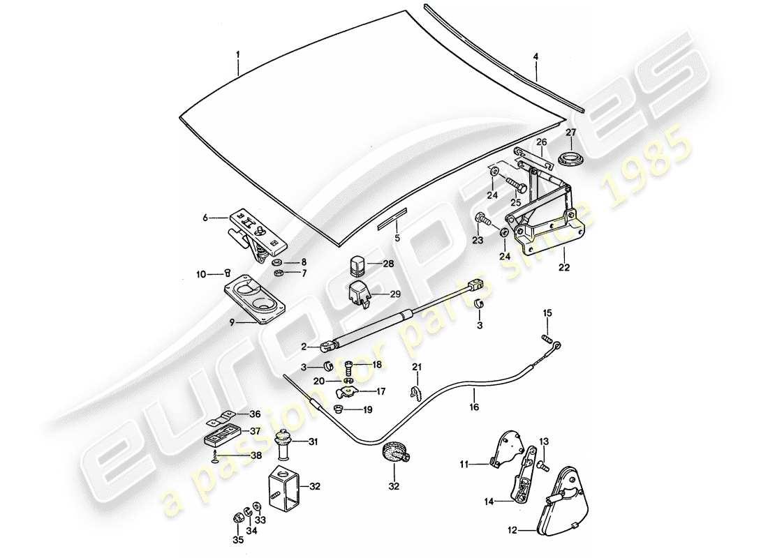 porsche 928 (1995) bonnet - installation parts part diagram