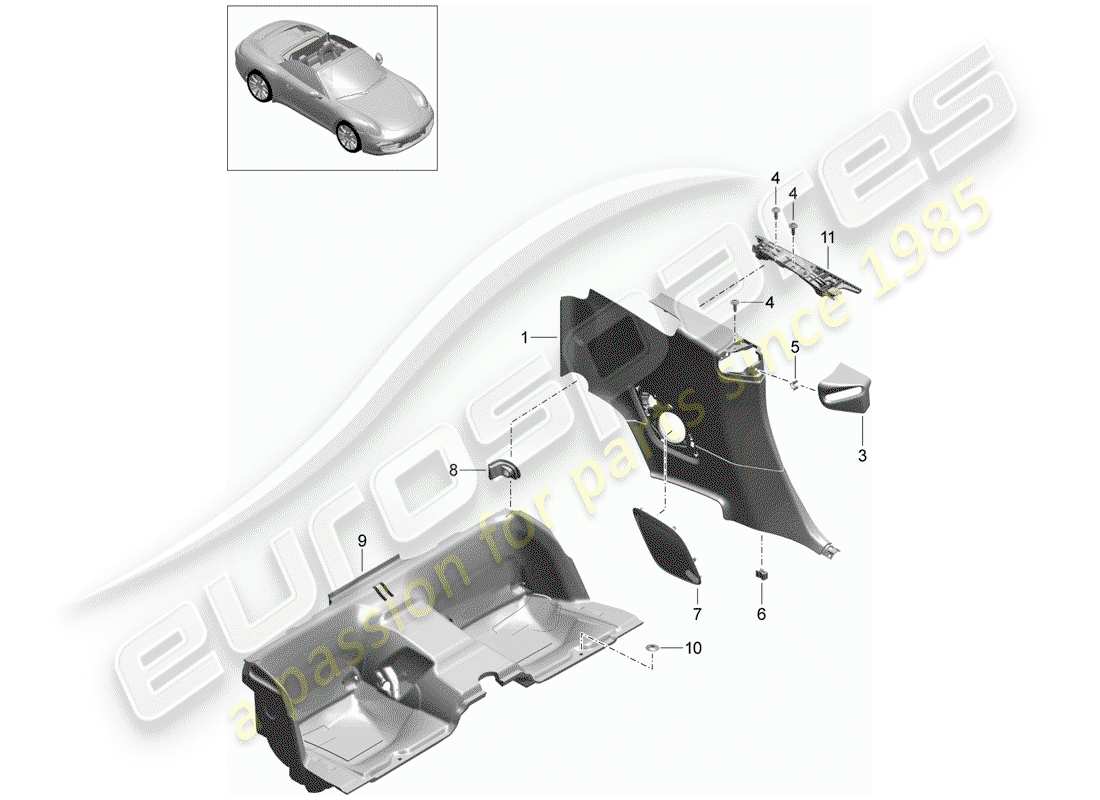 porsche 991 (2015) quarter trim panel part diagram