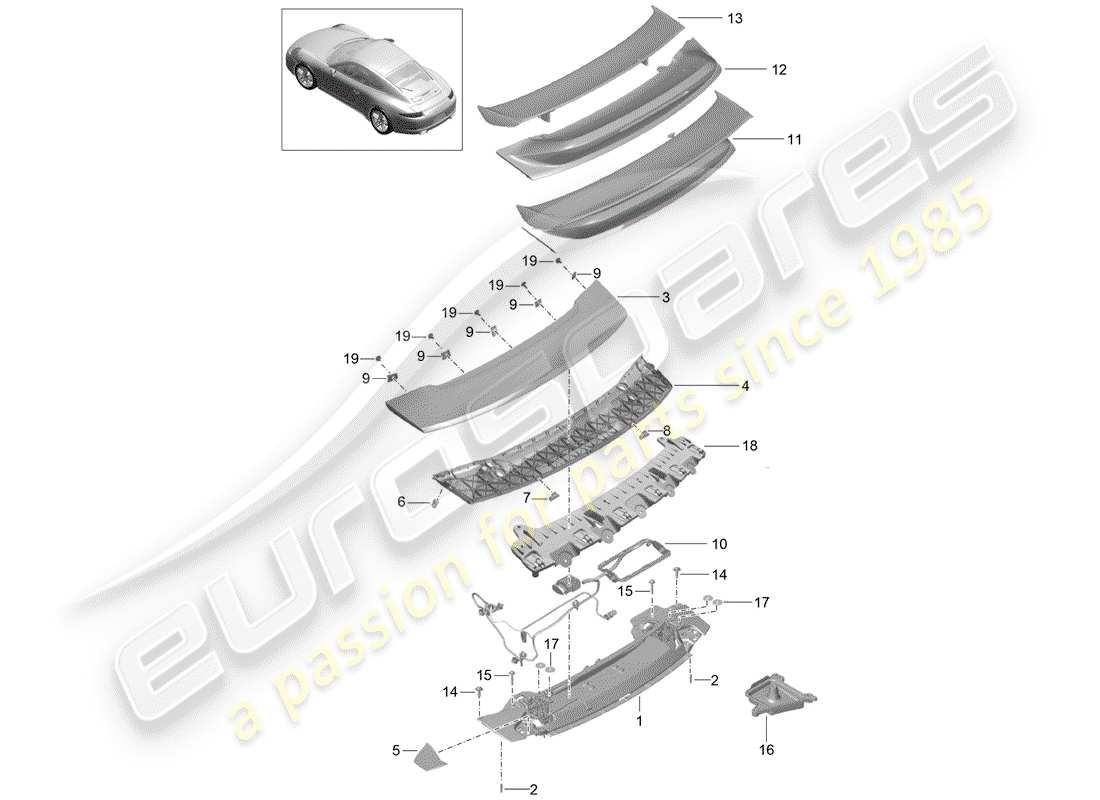 porsche 991 (2015) rear spoiler part diagram