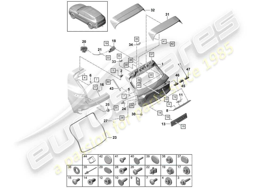 porsche cayenne e3 (2020) rear trunk lid part diagram