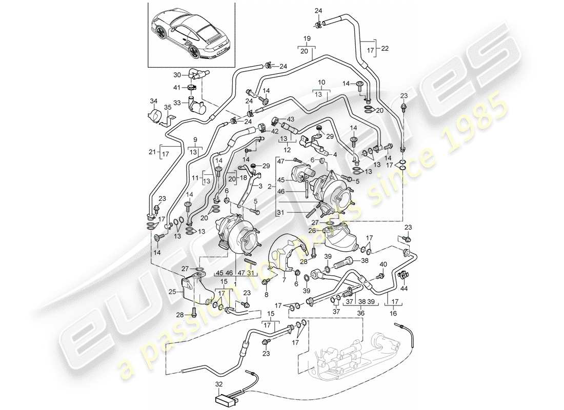 porsche 911 t/gt2rs (2013) exhaust gas turbocharger part diagram