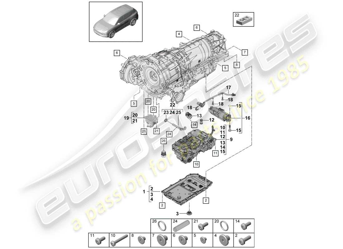 porsche cayenne e3 (2020) 8-speed automatic gearbox part diagram