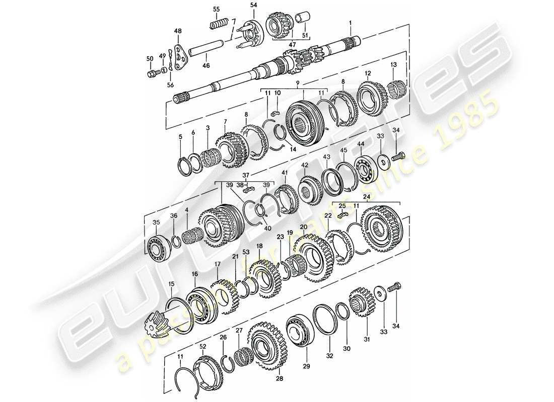 porsche 944 (1982) gears and shafts - manual gearbox part diagram