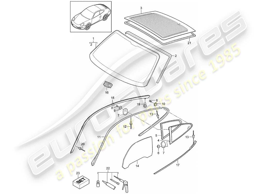 porsche 997 gen. 2 (2011) window glazing part diagram