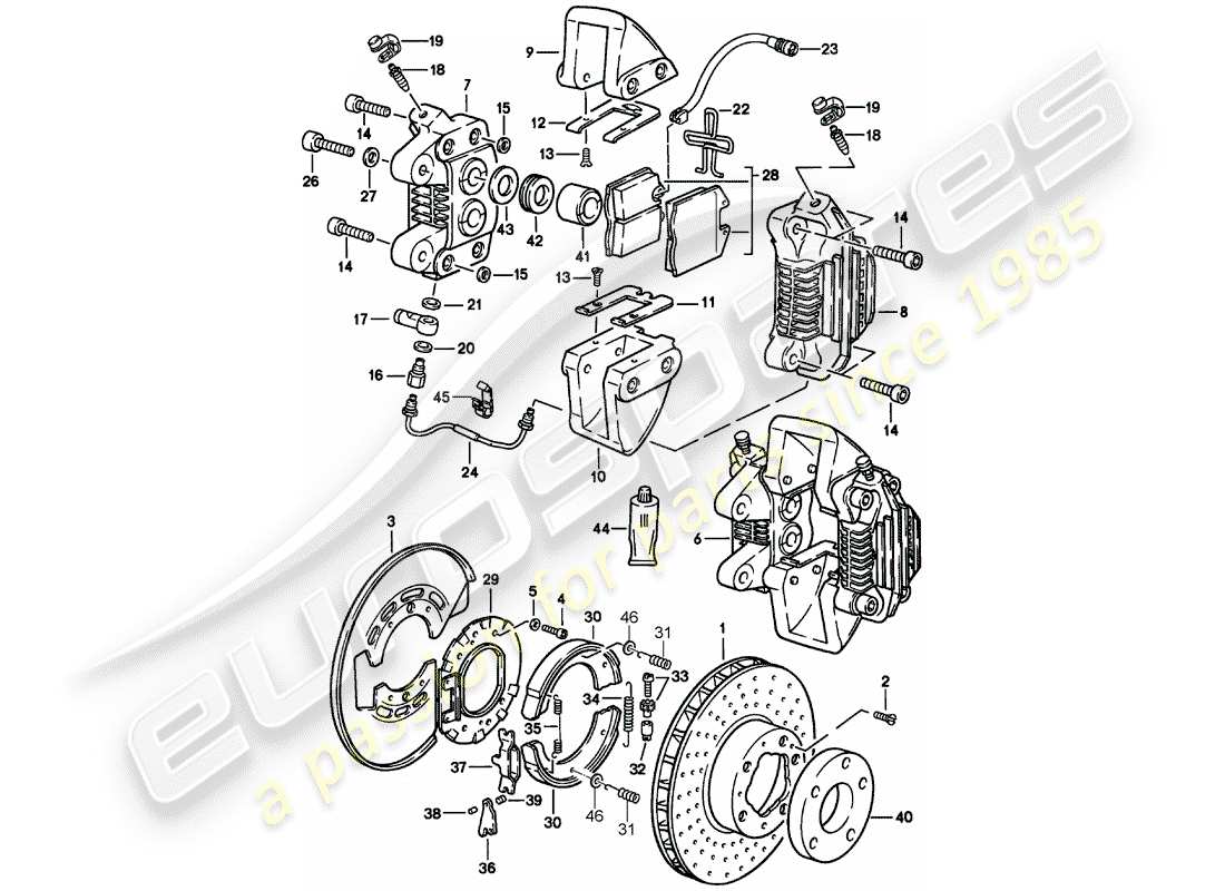 porsche 911 (1984) disc brakes - rear axle part diagram