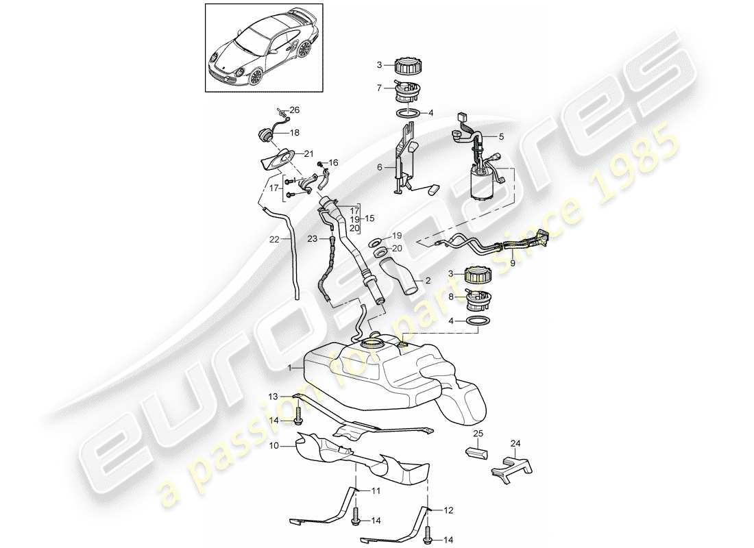 porsche 911 t/gt2rs (2013) fuel tank part diagram