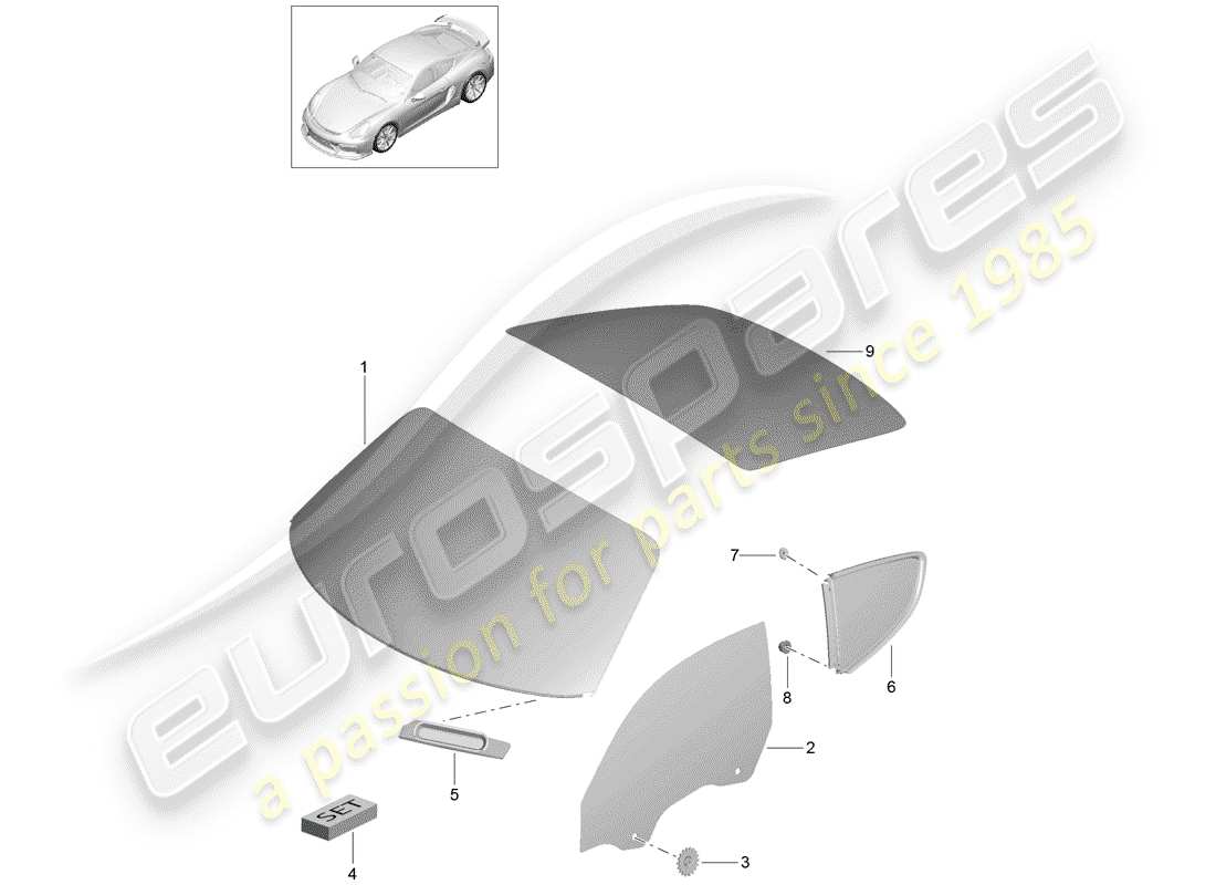 porsche cayman gt4 (2016) window glazing part diagram