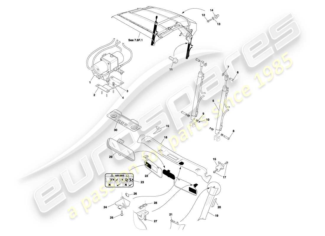 aston martin db7 vantage (2004) volante roof & upper trim part diagram