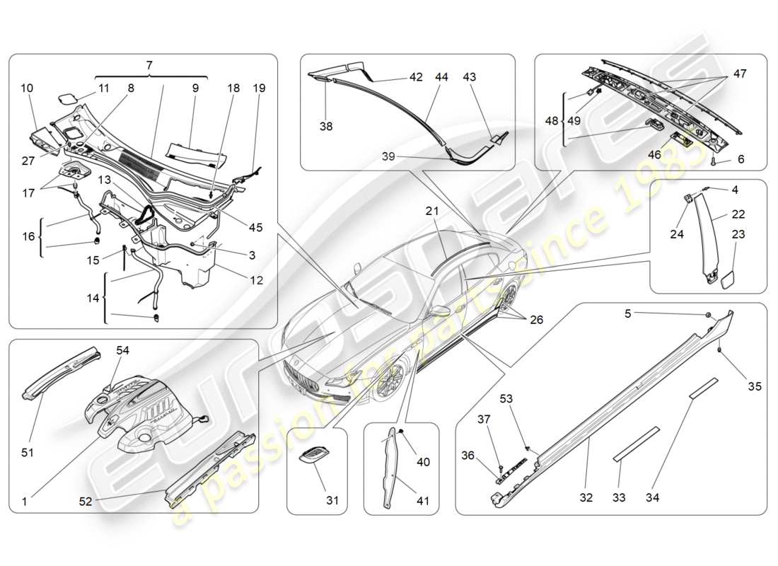 maserati qtp 3.0 bt v6 410hp (2014) shields, trims and covering panels part diagram