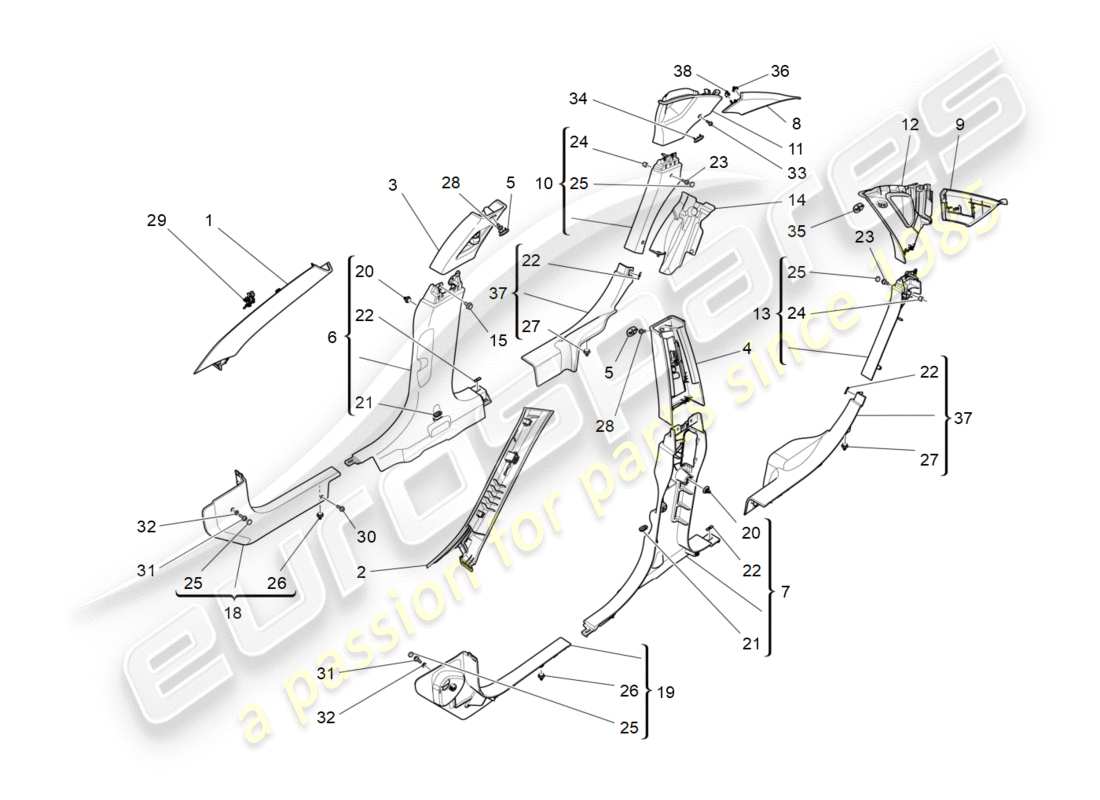 maserati qtp 3.0 bt v6 410hp (2014) passenger compartment b pillar trim panels and side panels part diagram