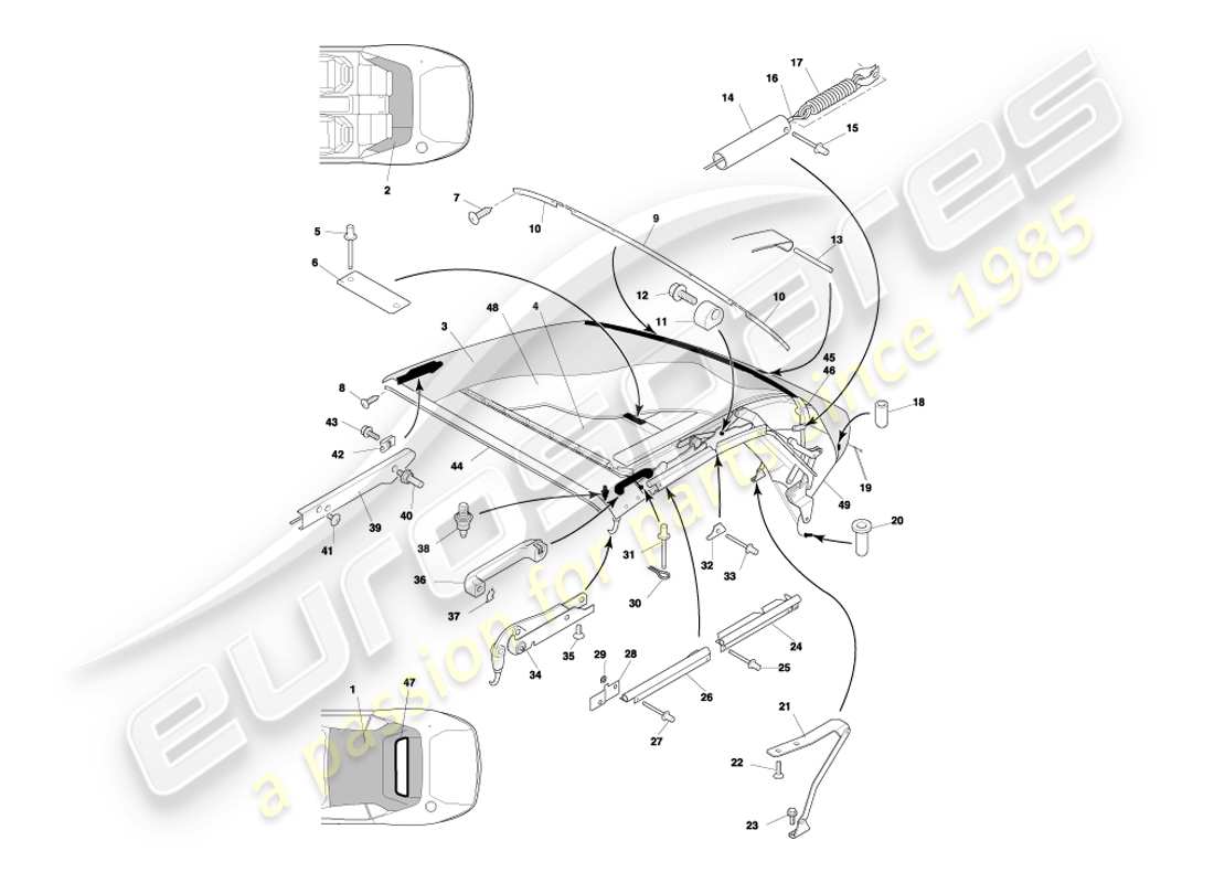 aston martin db7 vantage (2004) volante roof & upper trim part diagram