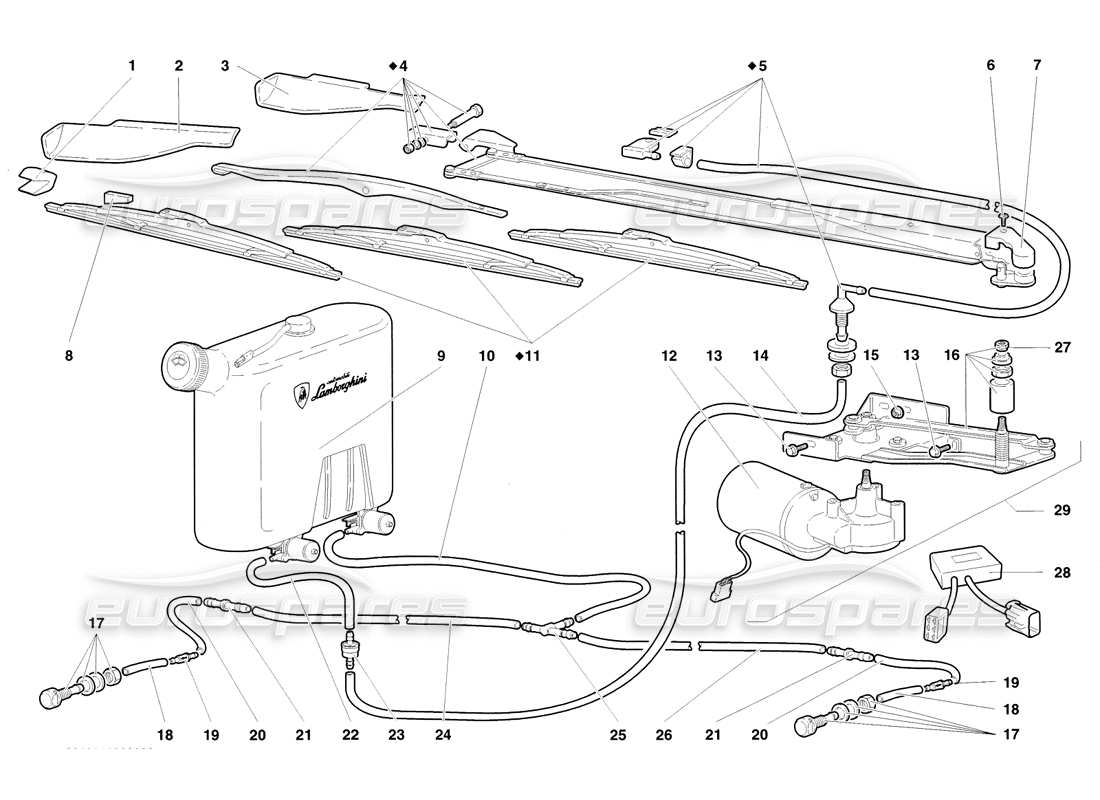 lamborghini diablo sv (1998) windscreen wiper and headlamp washers part diagram