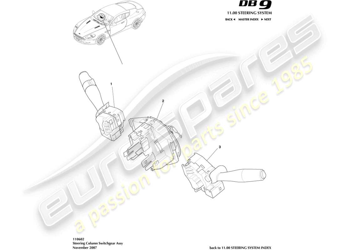 aston martin db9 (2012) steering column switch part diagram