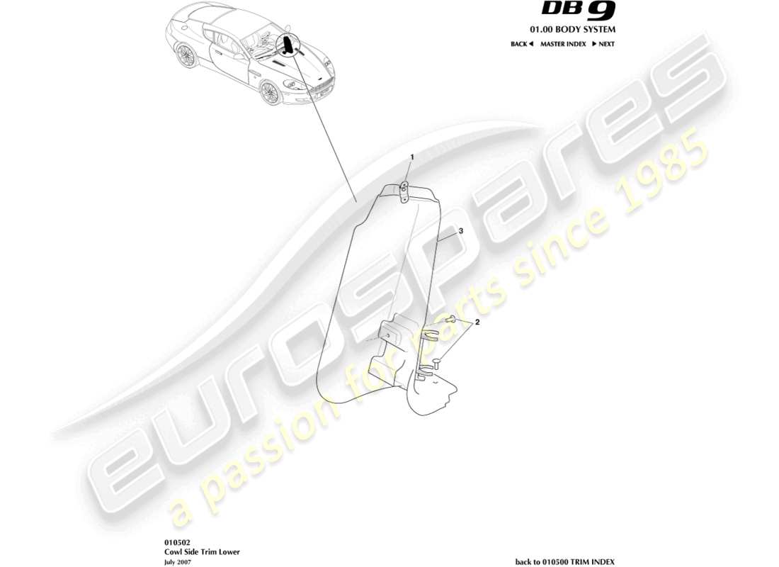 aston martin db9 (2012) cowl side trim, lower part diagram