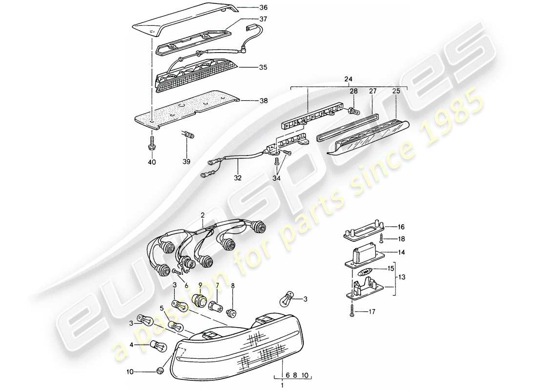 porsche 968 (1992) rear light - license plate light - additional brake light part diagram