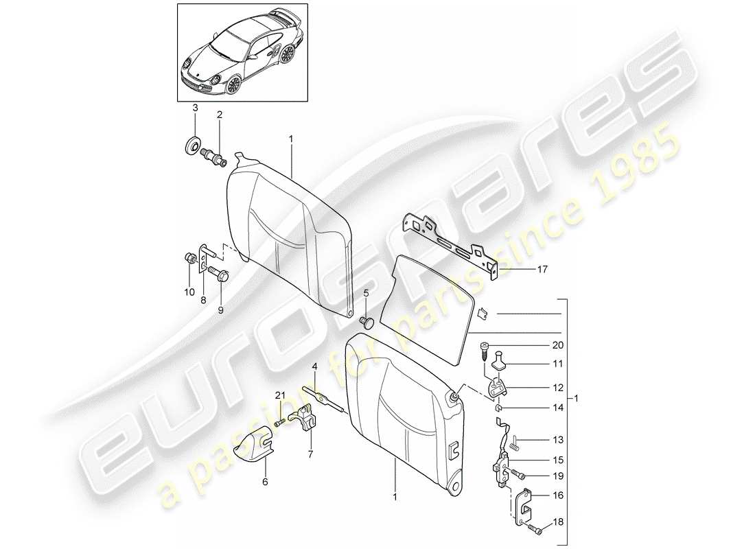 porsche 997 t/gt2 (2008) emergency seat backrest part diagram