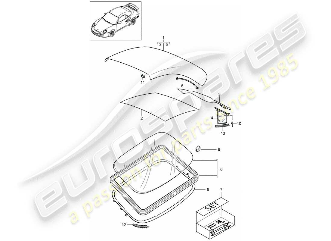 porsche 911 t/gt2rs (2013) convertible top covering part diagram